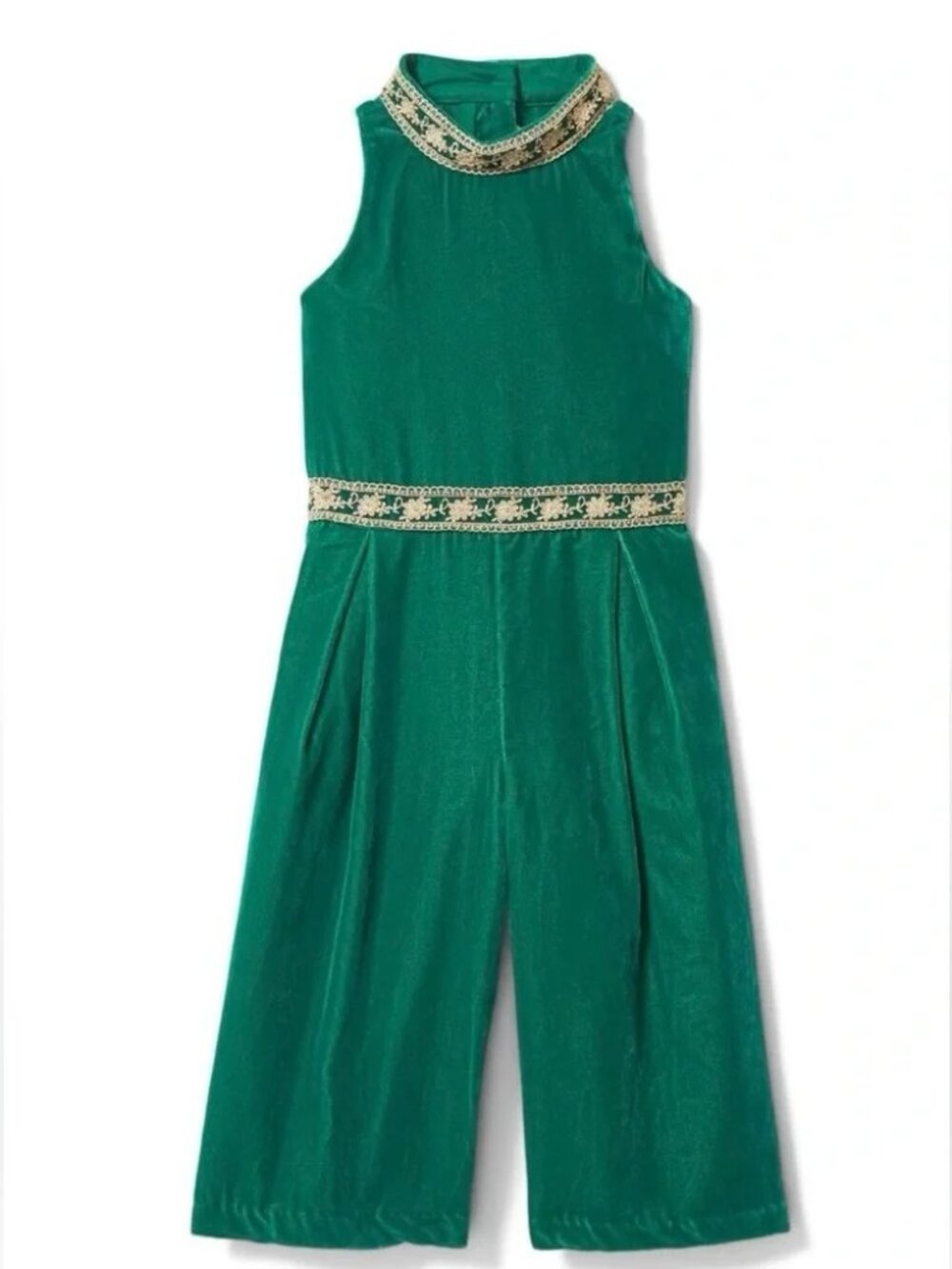 Janie and Jack Teal Green Sleeveless Wide-Leg Velvet Jumpsuit with Beaded Trim 8